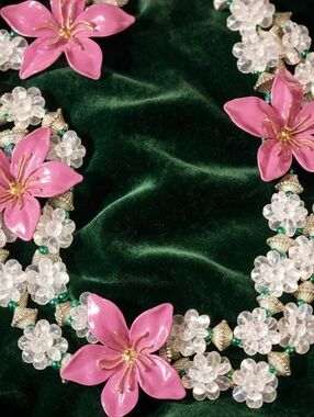 50s Pink Floral Lucite Beaded Long Necklace Statement Cluster Vintage Rare